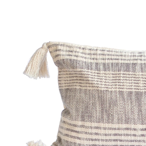 STRIPED CHARCOAL AND CREAM COTTON PILLOW COVER   WITH TASSELS