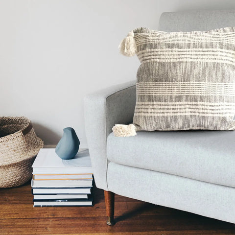 STRIPED CHARCOAL AND CREAM COTTON PILLOW COVER   WITH TASSELS