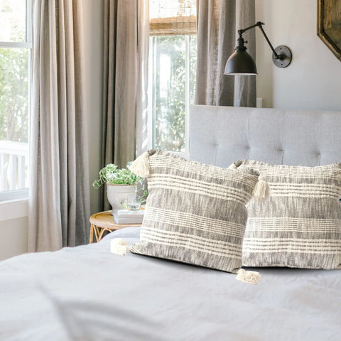 STRIPED CHARCOAL AND CREAM COTTON PILLOW COVER   WITH TASSELS