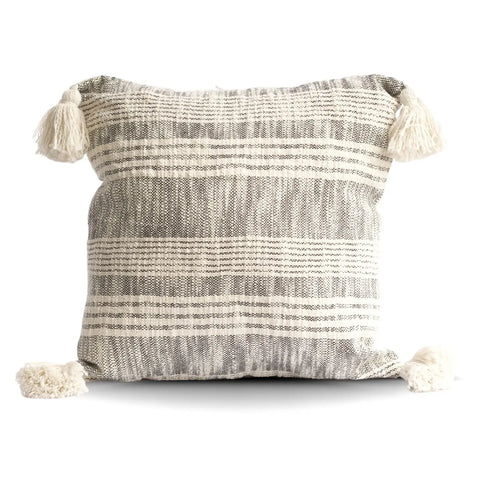 STRIPED CHARCOAL AND CREAM COTTON PILLOW COVER   WITH TASSELS